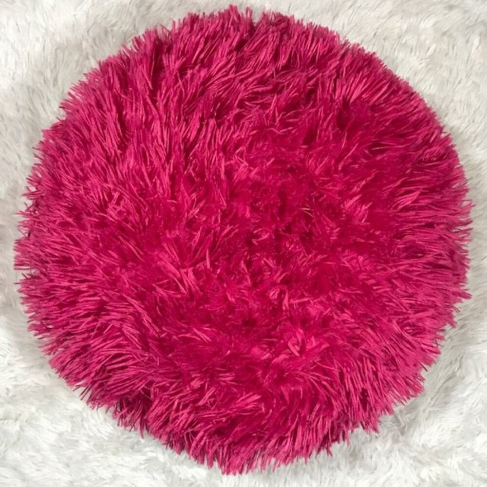 NWOT Round Racy Pink Shaggy Faux Fur Pillow